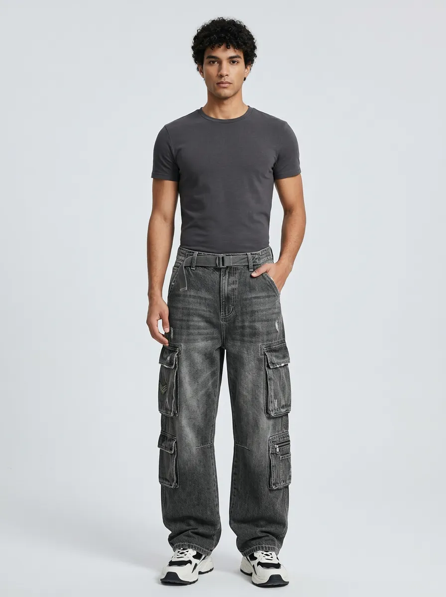 Men's Streetwear Washed Grey Multi-Pocket Belted Cargo Jeans