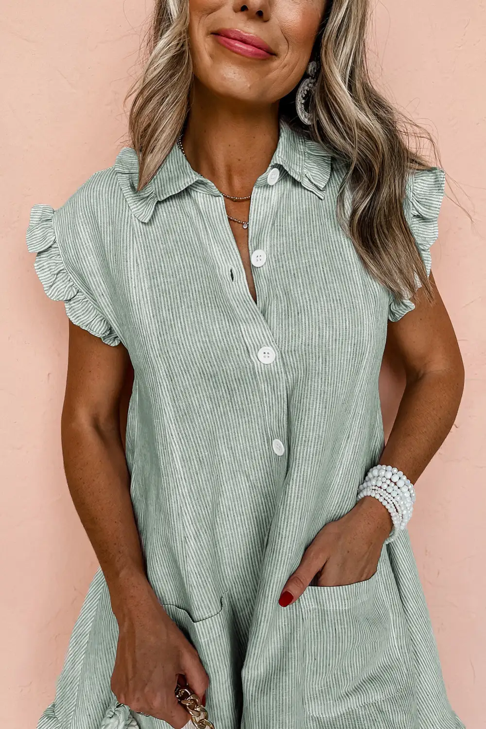 Wearable Striped Button Front Pocket Detail Mini Dress