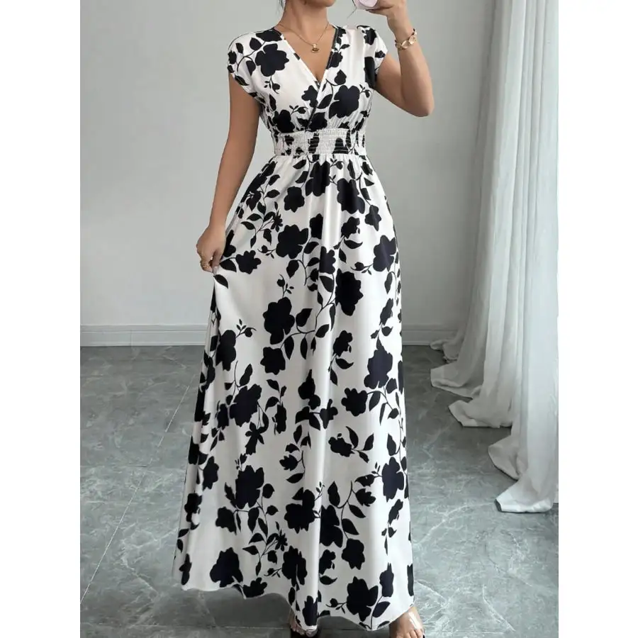 Relaxed Printed Surplice Cap Sleeve Maxi Dress