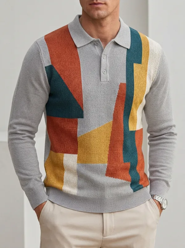 Men's Abstract Geometric Pattern Colorblock Knitted Long Sleeve Polo Shirt