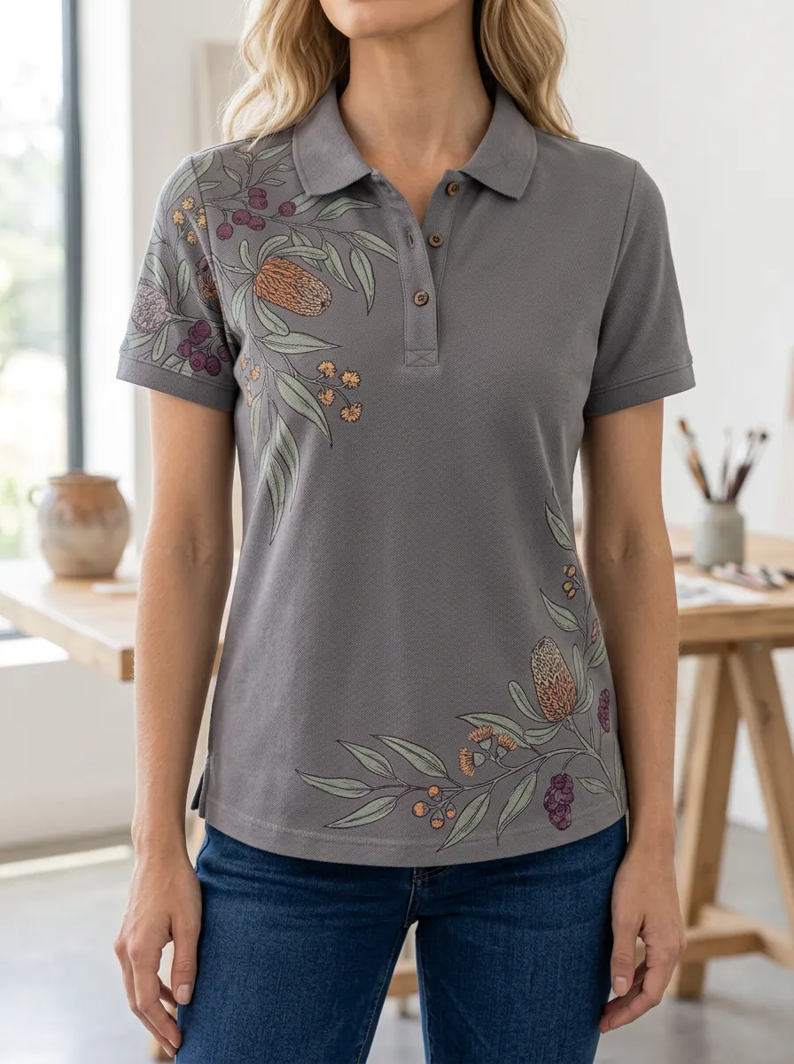 Women's Botanical Banksia Flower Printed Polo Shirt