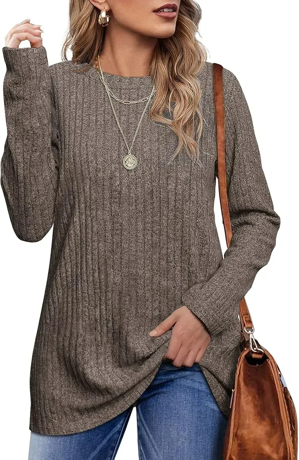 OFEEFAN Long Sleeve Shirts for Women Lightweight Crew Neck Casual Tunic Tops