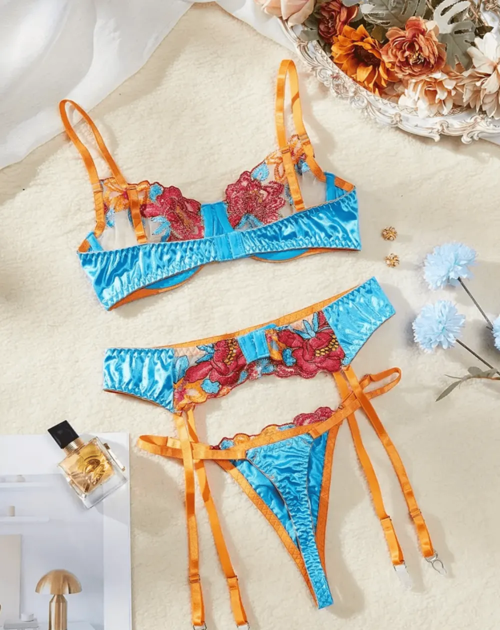 Floral Silk Garter Lingerie Set