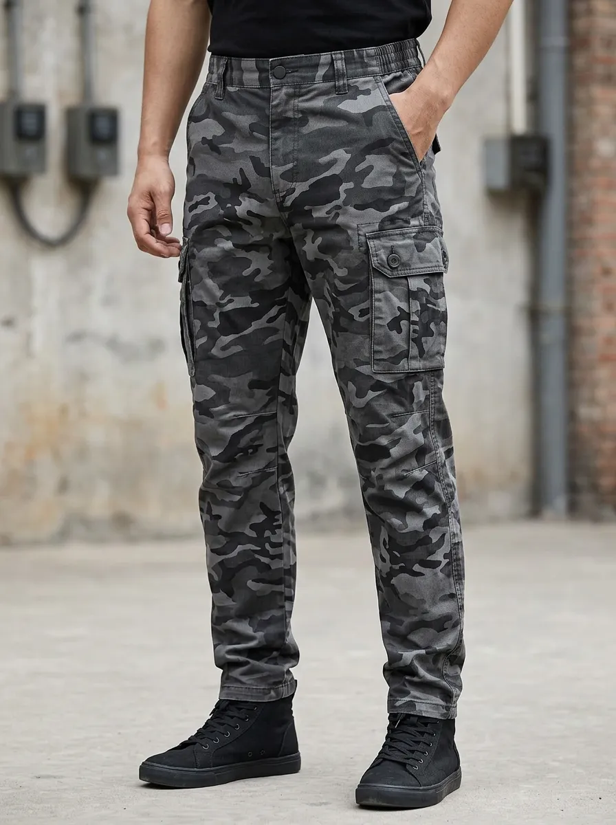 Men's Tactical Outdoor Grey Camouflage Printed Cargo Pants
