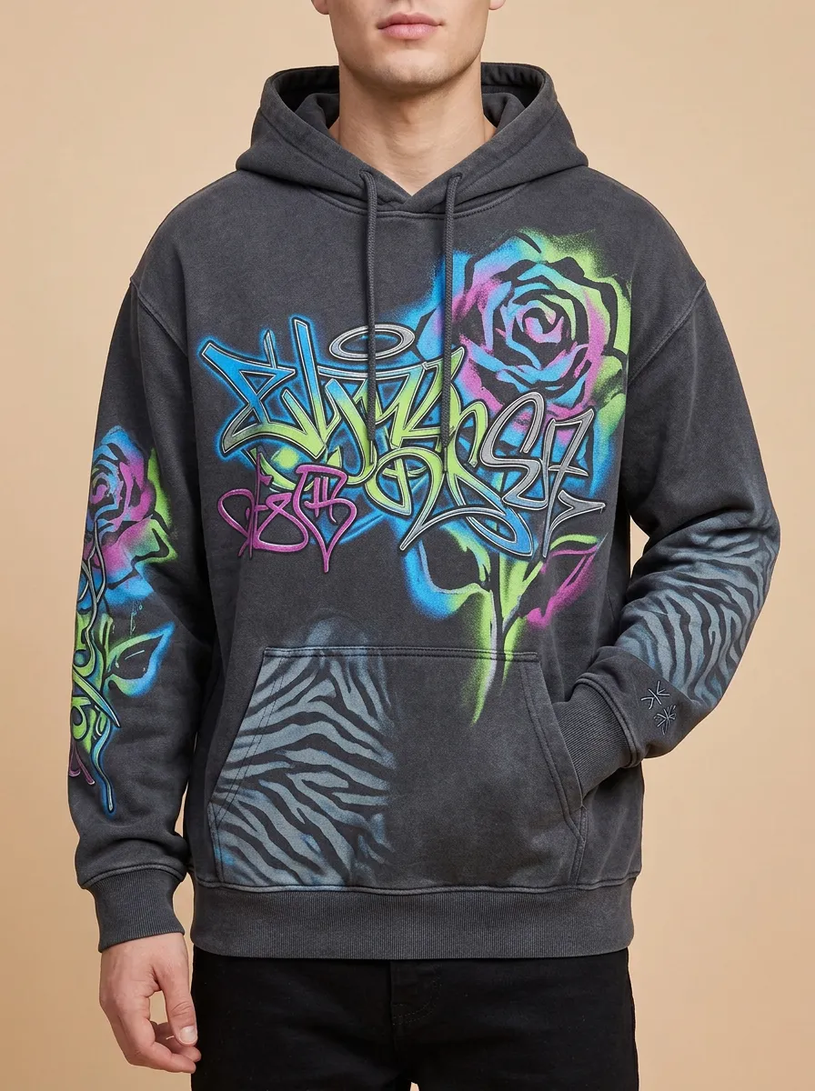 Unisex Graffiti Rose Zebra Graphic Hoodie