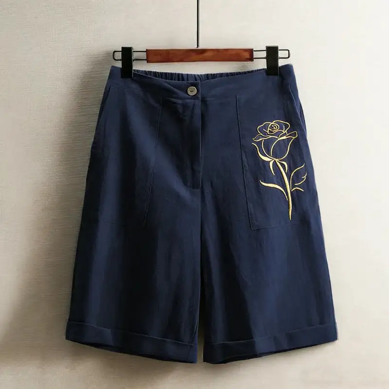 Women's Relaxed Fit Linen Floral Detail Shorts