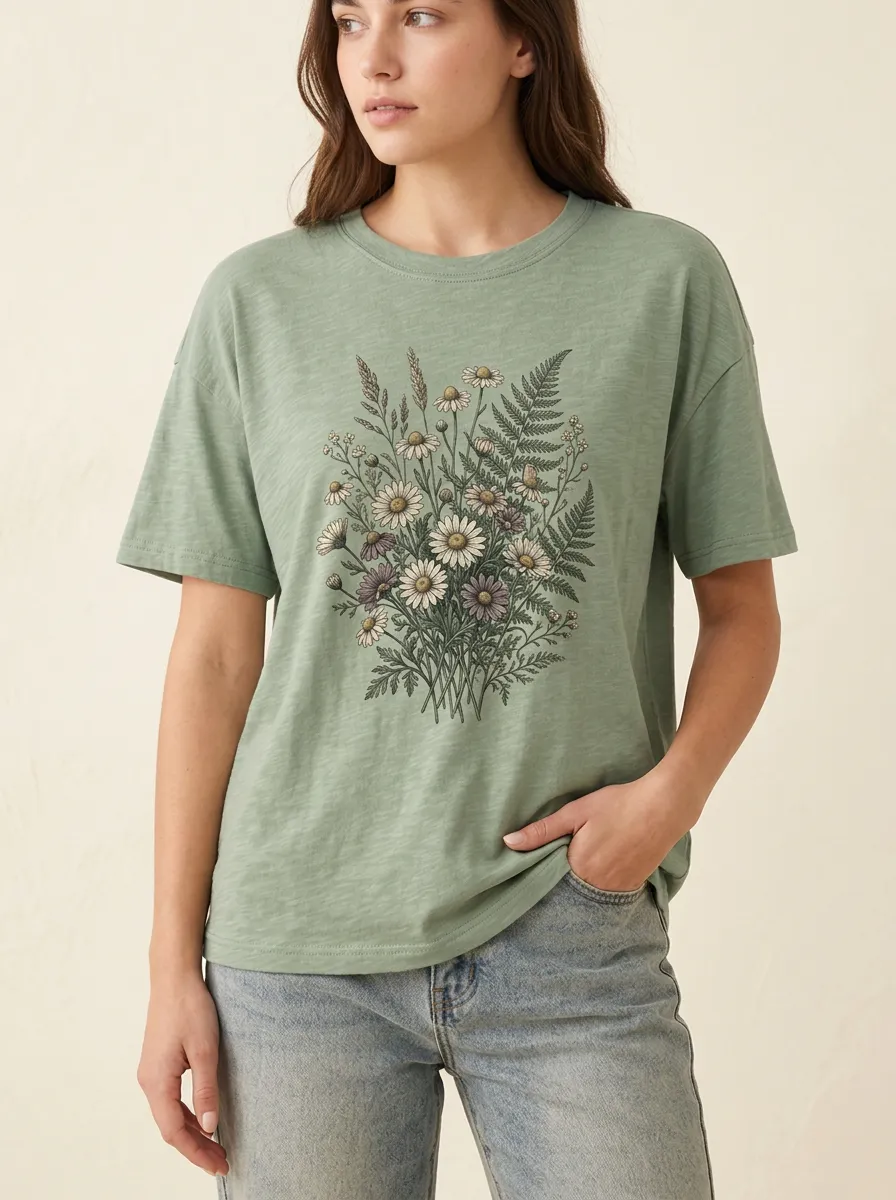 Women's Botanical Graphic T-Shirt Dropped-Shoulder