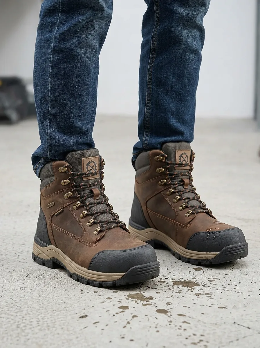 Unisex Mechanic Tool Logo Brown Waterproof Printed Work Boots