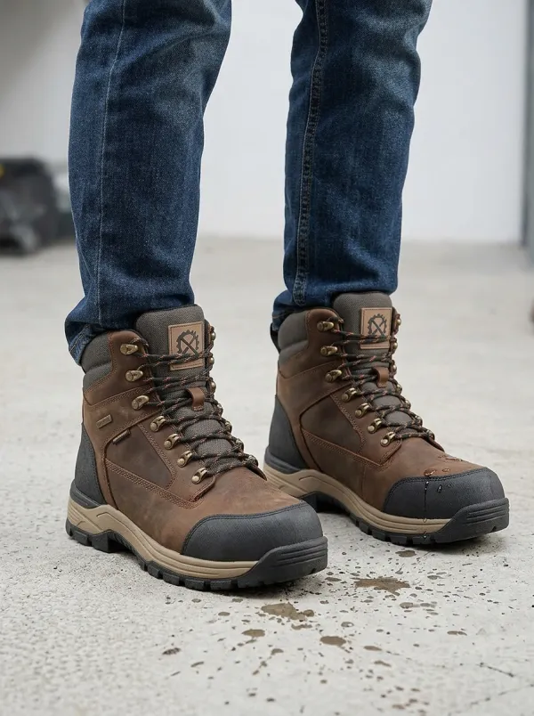 Unisex Mechanic Tool Logo Brown Waterproof Printed Work Boots