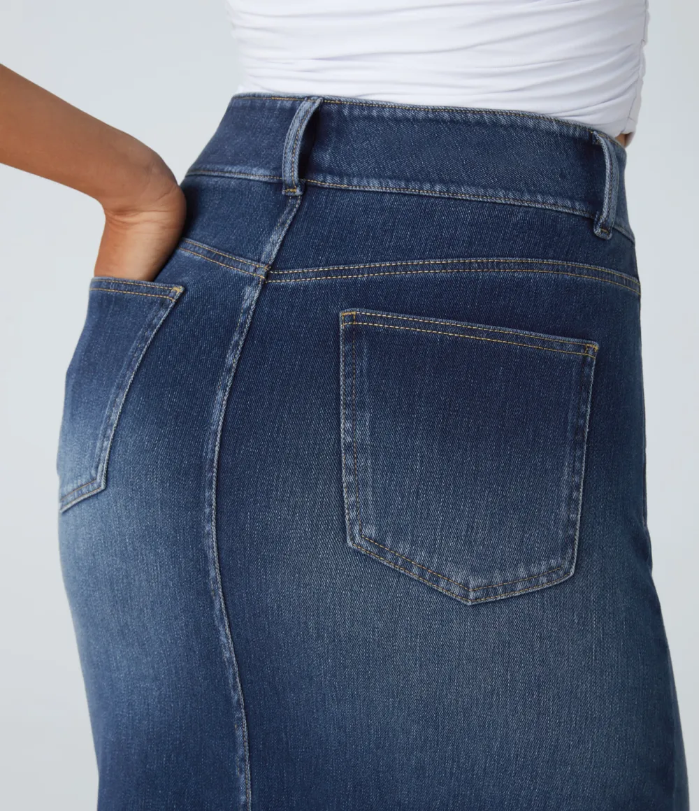 Magic High Waisted Multiple Pockets Bodycon Split Washed Stretchy Knit Denim Casual Midi Skirt