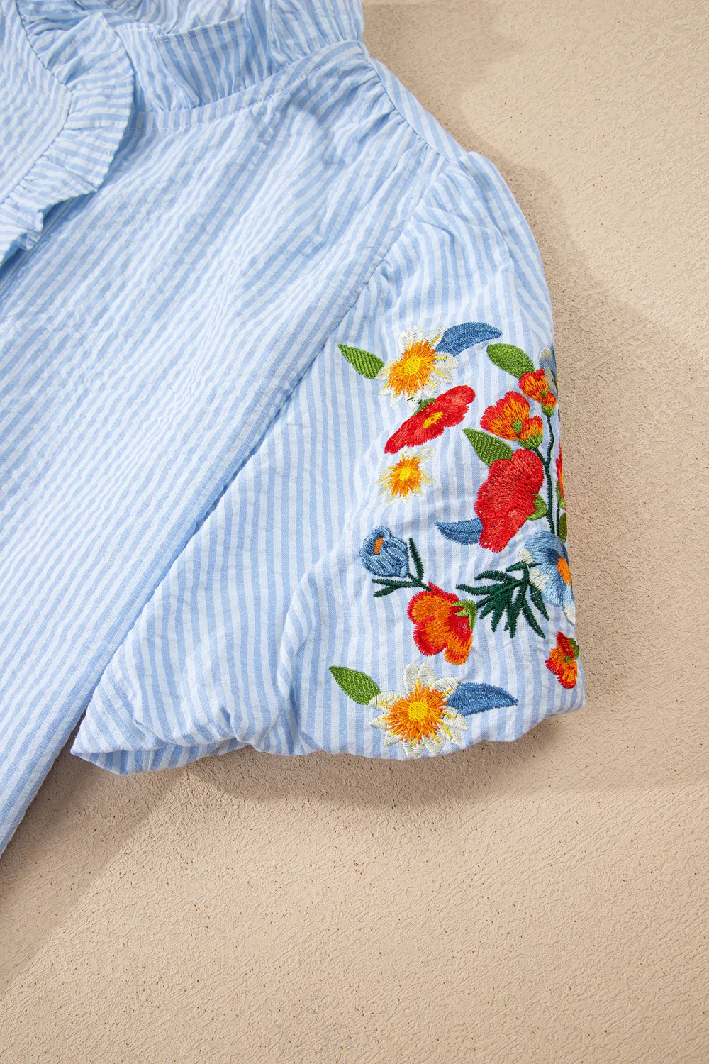 Sky Blue Stripe Floral Embroidered Shirt