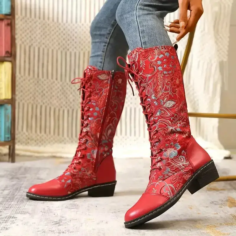 Embroidered Lace Up Knee High Boots