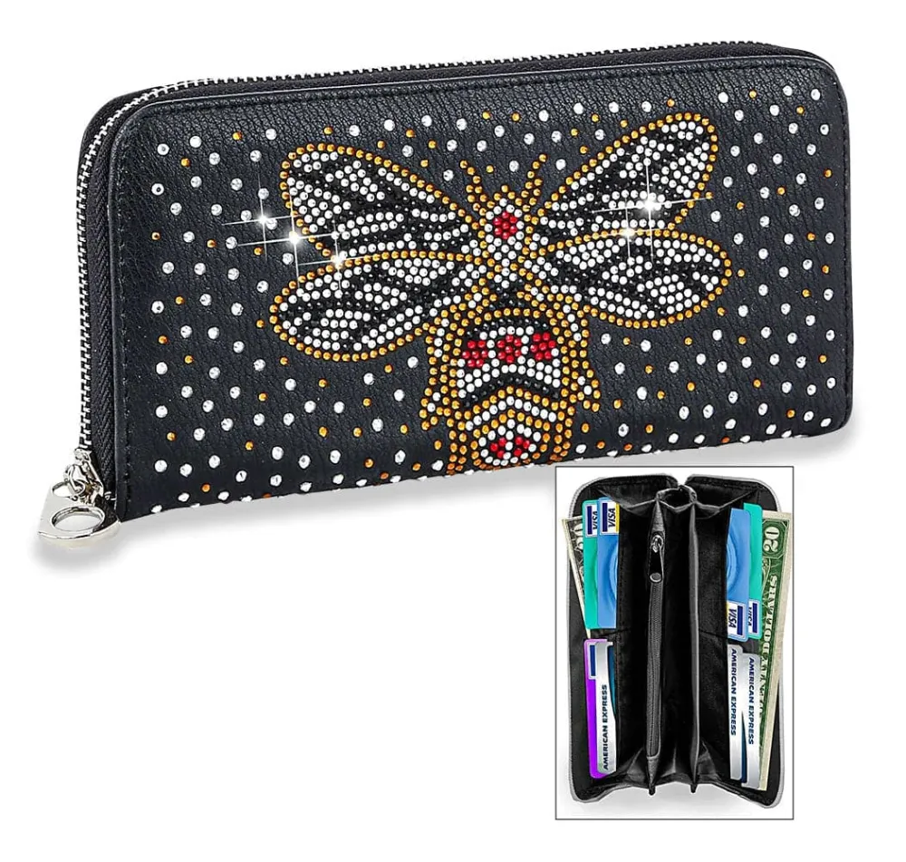 Crystal Accent Bee Motif Faux Leather Zip Wallet