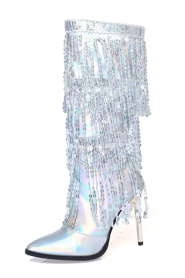 Tiered Sequined Tassel Patent Leather Boots