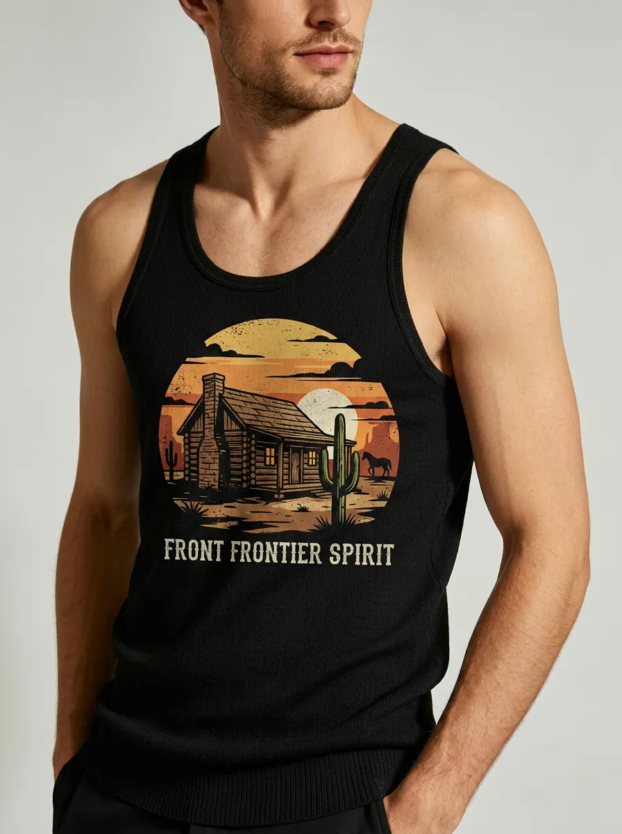 Men's Western Frontier Spirit Cabin Cactus Printed Tank Top