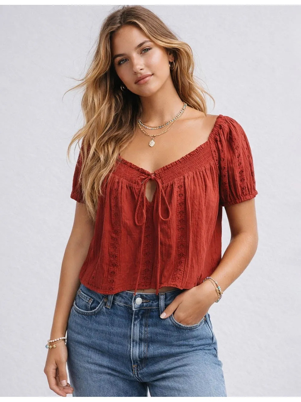 Geometric Pattern Neck Puff Short Sleeves Top