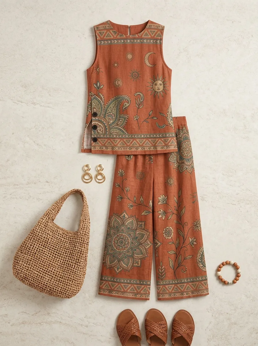 Women's Boho Celestial Floral Mandala Printed Sleeveless Set