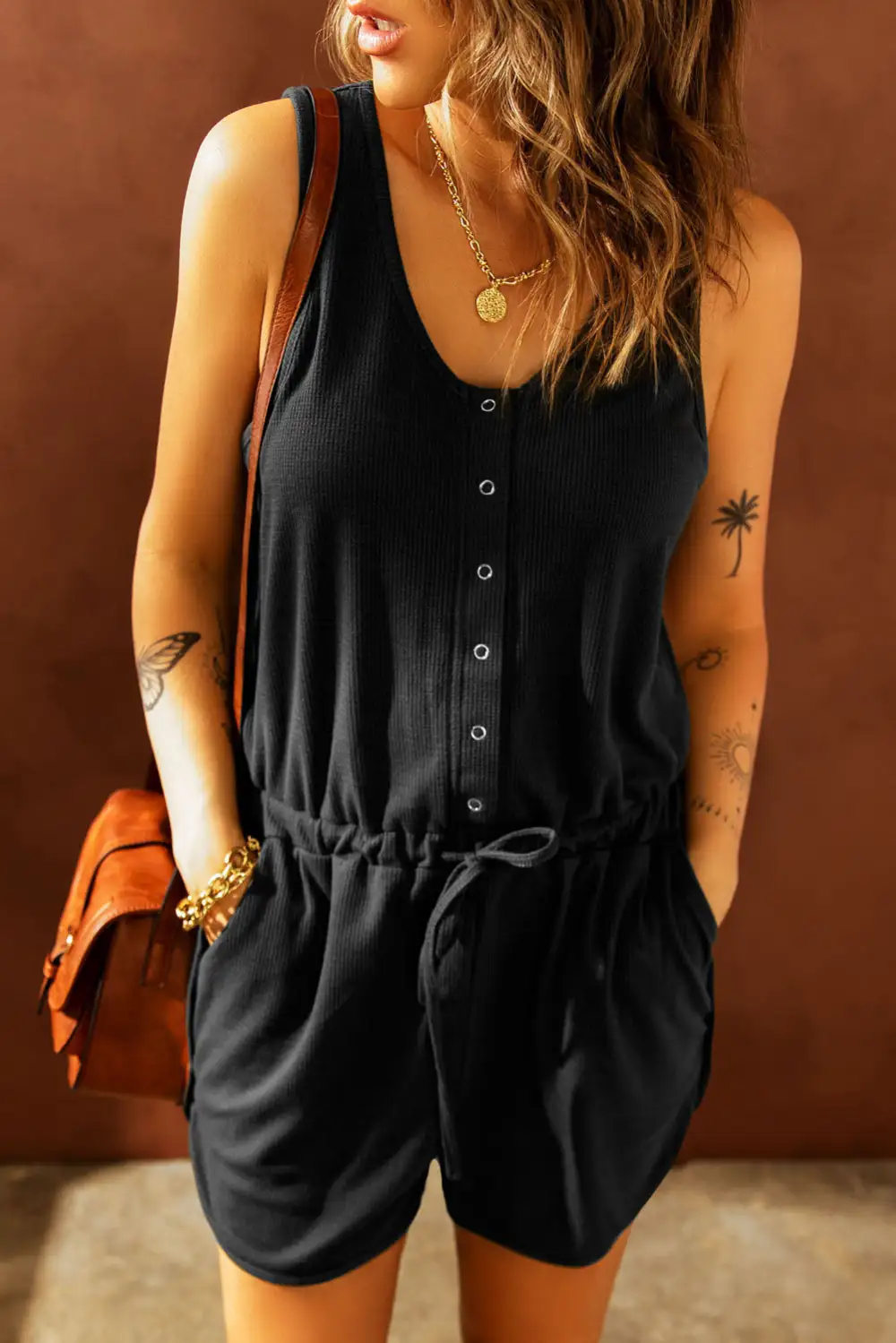 Snap Front Drawstring Romper