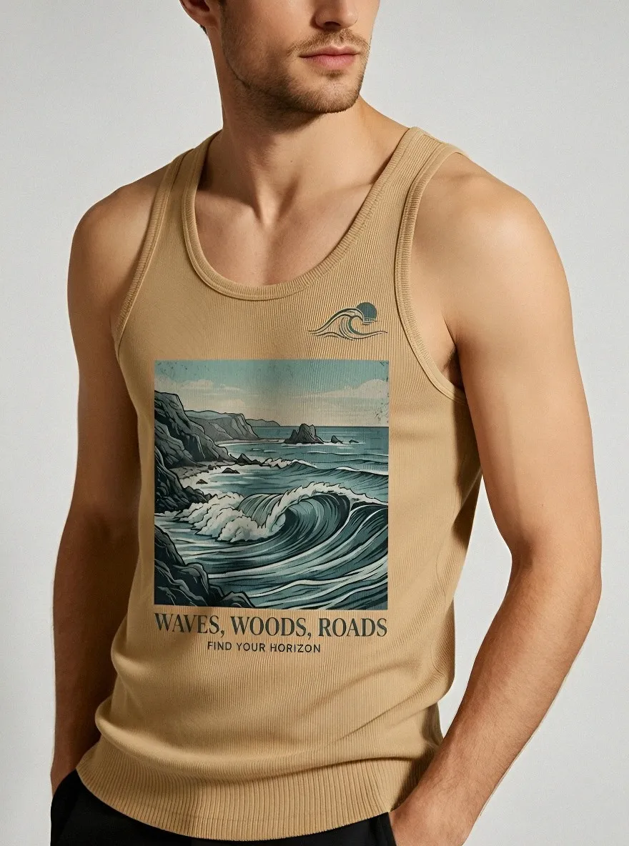 Men's Ocean Landscape Waves Printed Tank Top