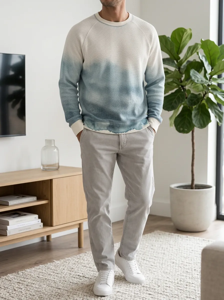 Men's Blue Dip-Dye Waffle Knit Printed Crewneck Sweatshirt