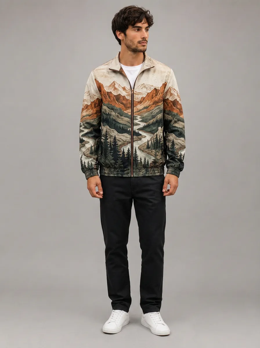 Men's Nature Lover Mountain River Forest Printed Zip Jacket
