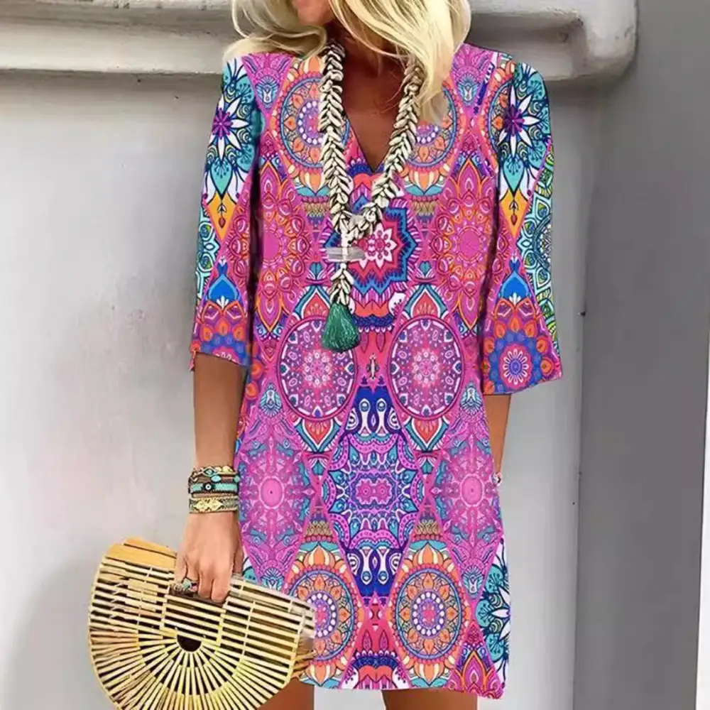 Women's A-Line V-Neck Three-Quarter-Sleeve Belted Dress