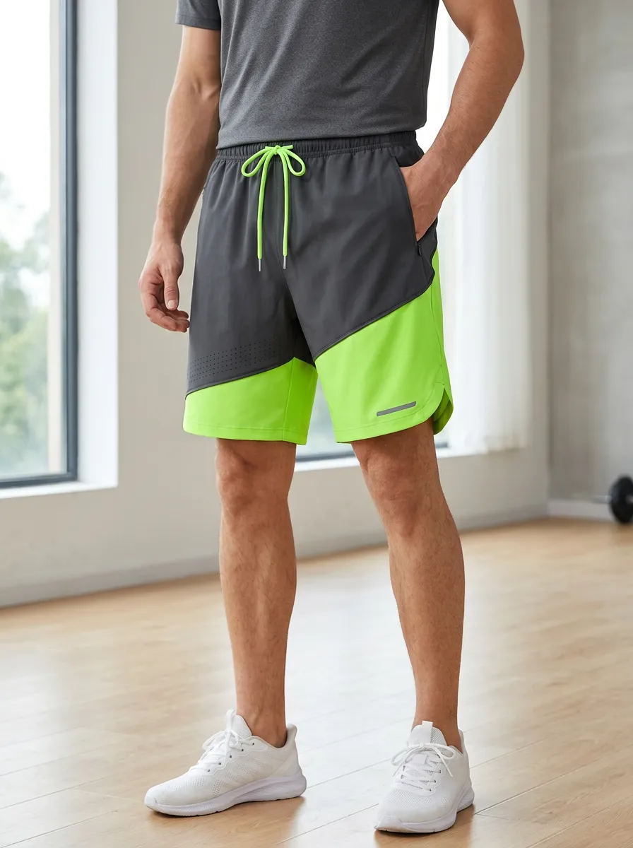 Men's Gym Fitness Neon Green Colorblock Printed Athletic Shorts