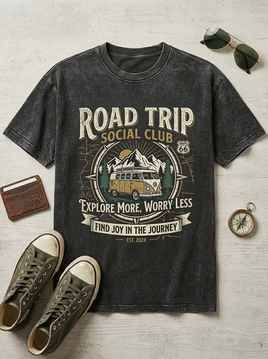 Unisex Road Trip Lover Vintage Van Mountain Printed T-shirt