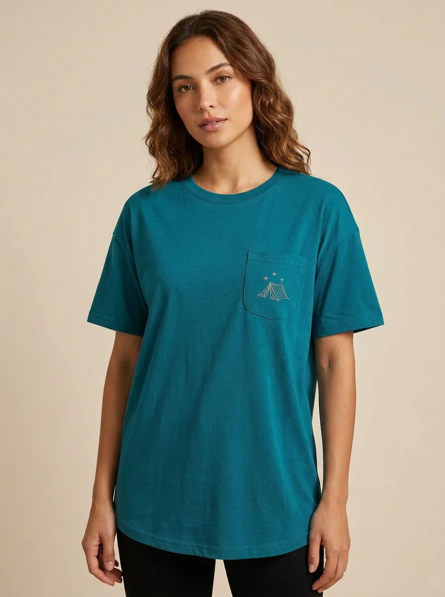 Women's Camping Tent Relaxed Graphic Pocket Crewneck T-Shirt