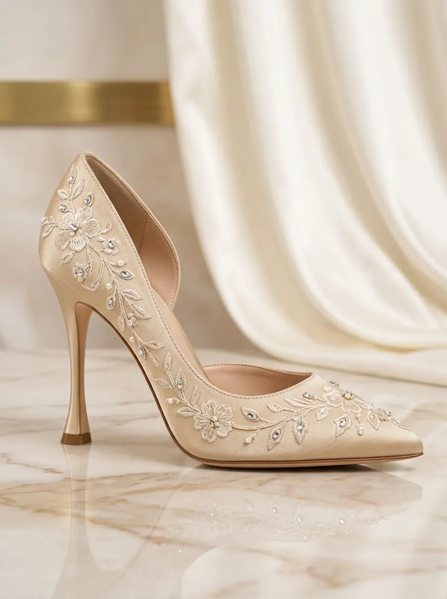 Rhinestone Floral Embroidered Pointed-Toe Women's Formal High Heels