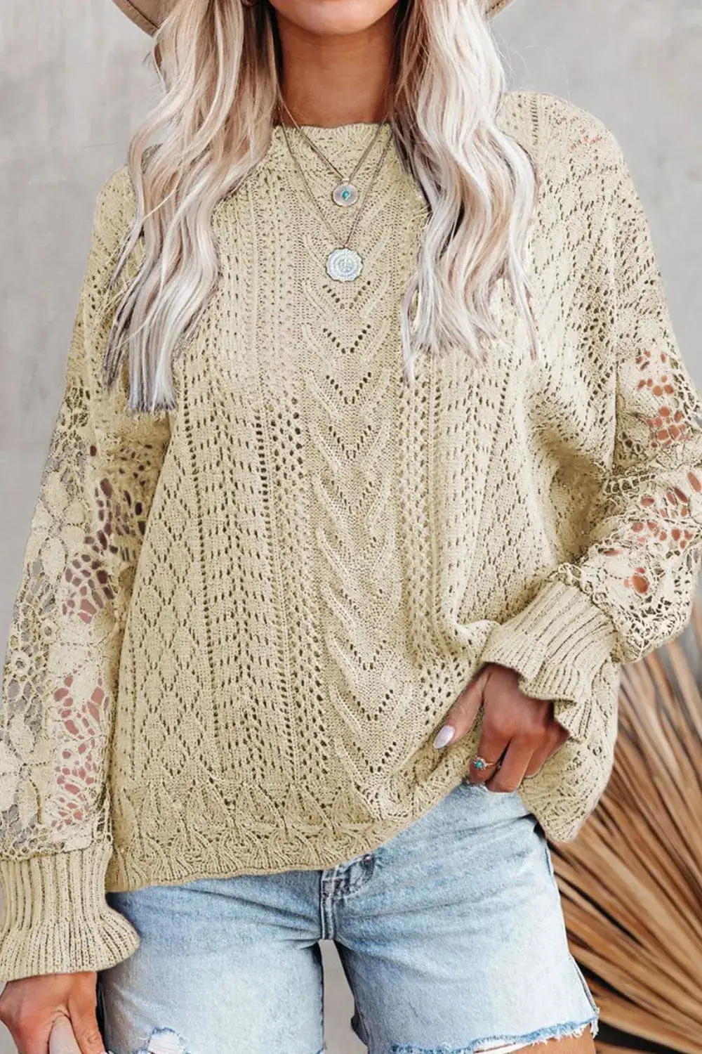 Long Sleeve Round Neck Openwork Sweater