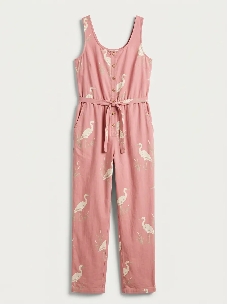 Women's Button-Front Graphic-Print Short-Sleeve Jumpsuit