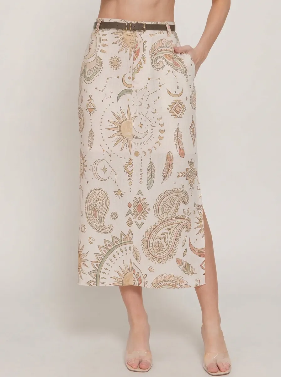 Women's Boho Celestial Sun Moon Paisley Printed Midi Skirt