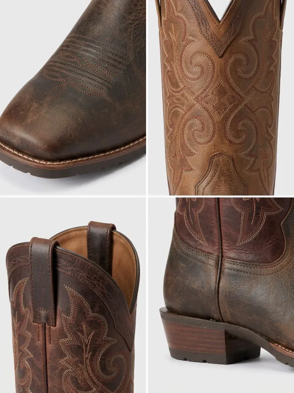 Men's Western Cowboy Embroidered Brown Leather Printed Boots