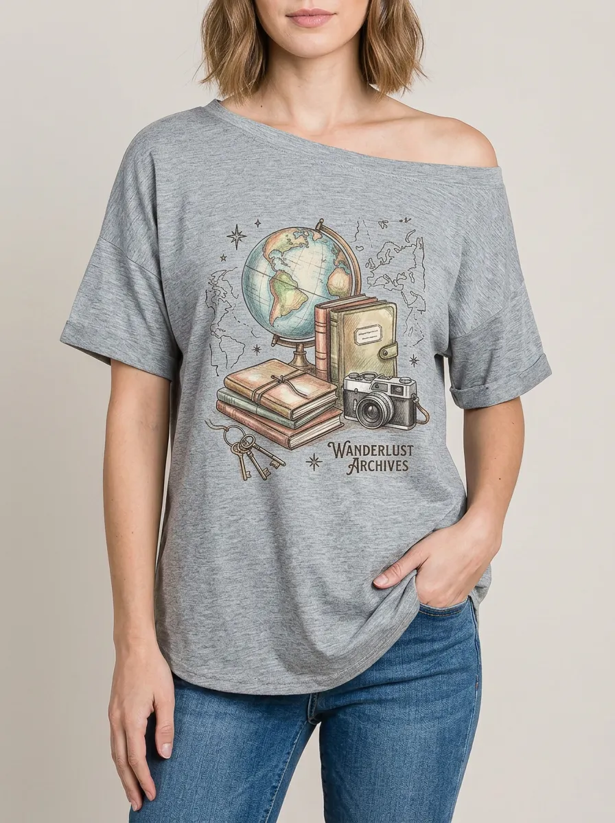 Women's Travel Globe Books Camera Graphic T-Shirt