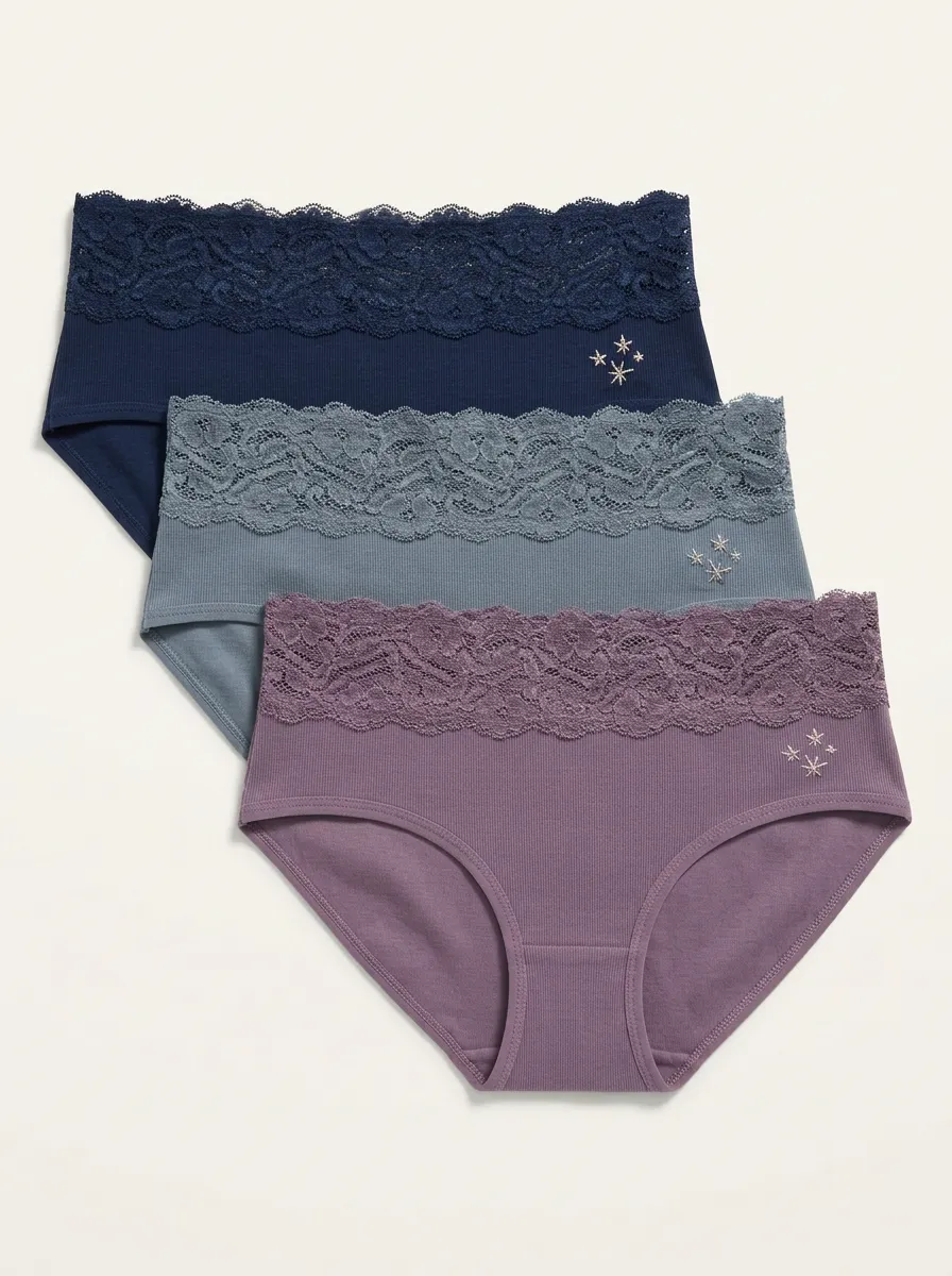 Women's Three-Pair Star Embroidered Ribbed Lace-Waist Brief Set