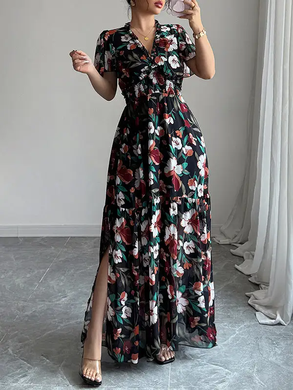 Loose Elasticity Pleated Neck Maxi Dress