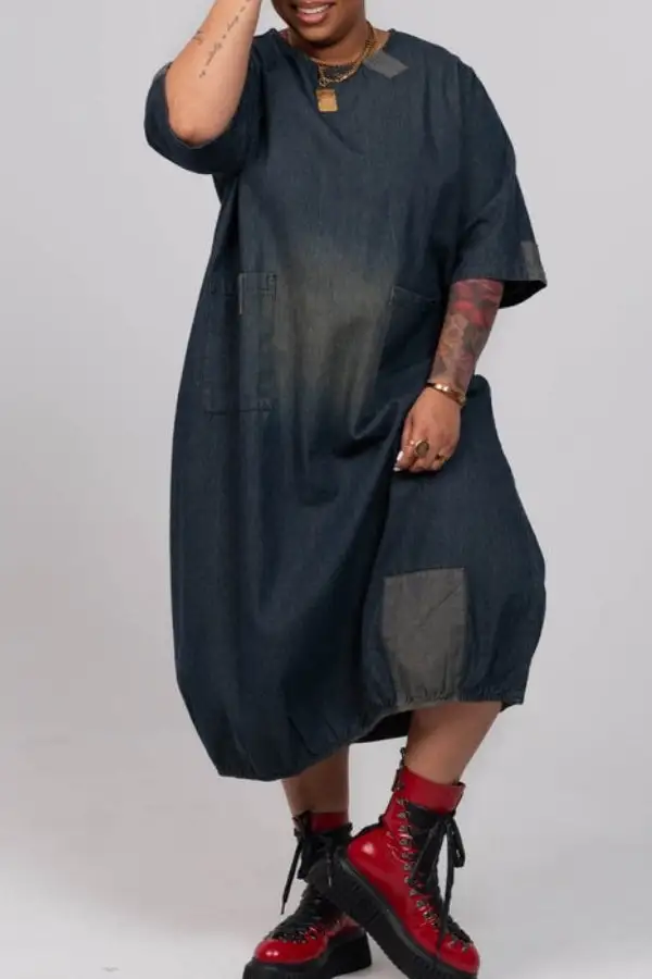Multicolor Patches Denim Round Neck Relaxed Bubble Midi Dress
