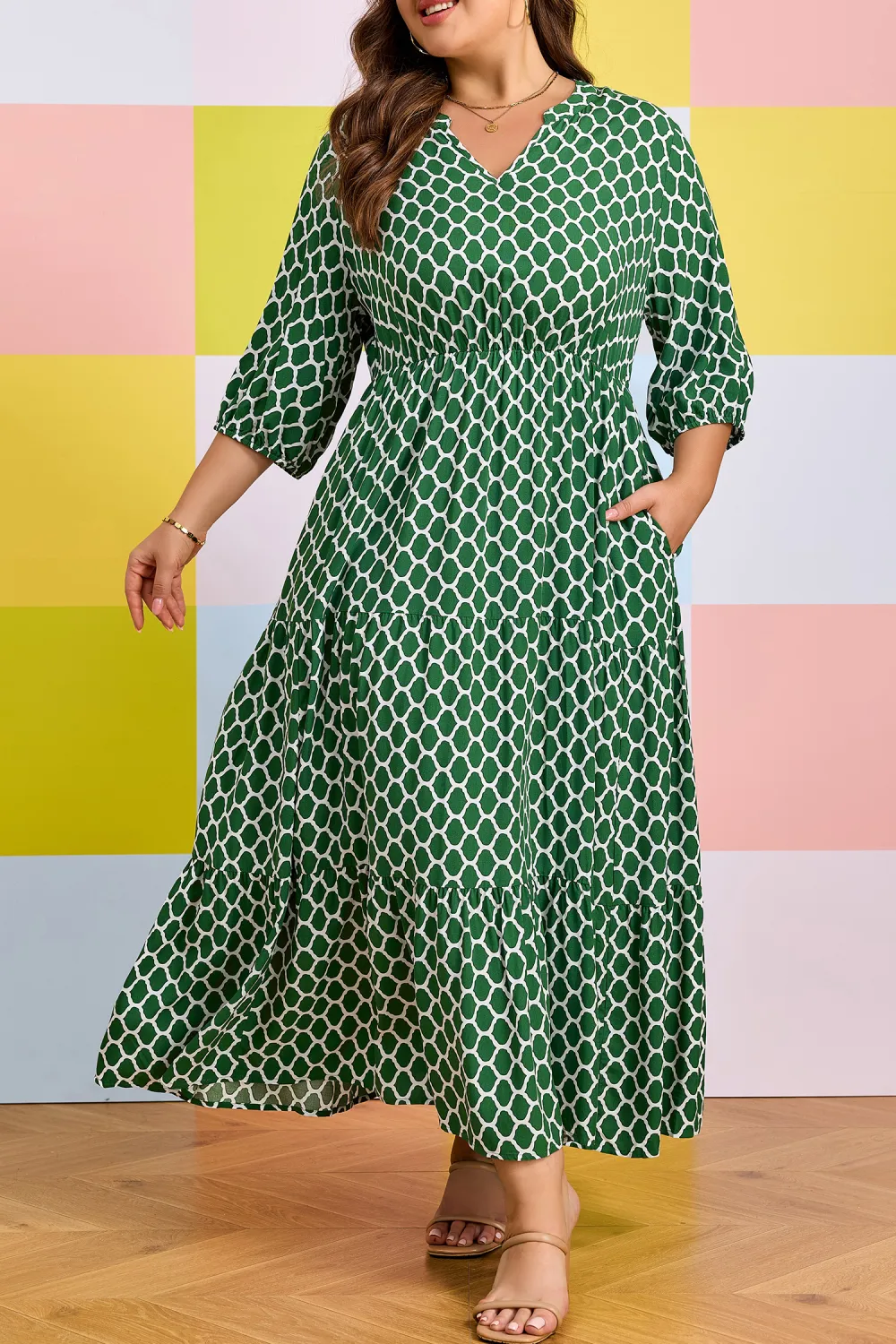 Green Geometric Ruffle Hem Dress