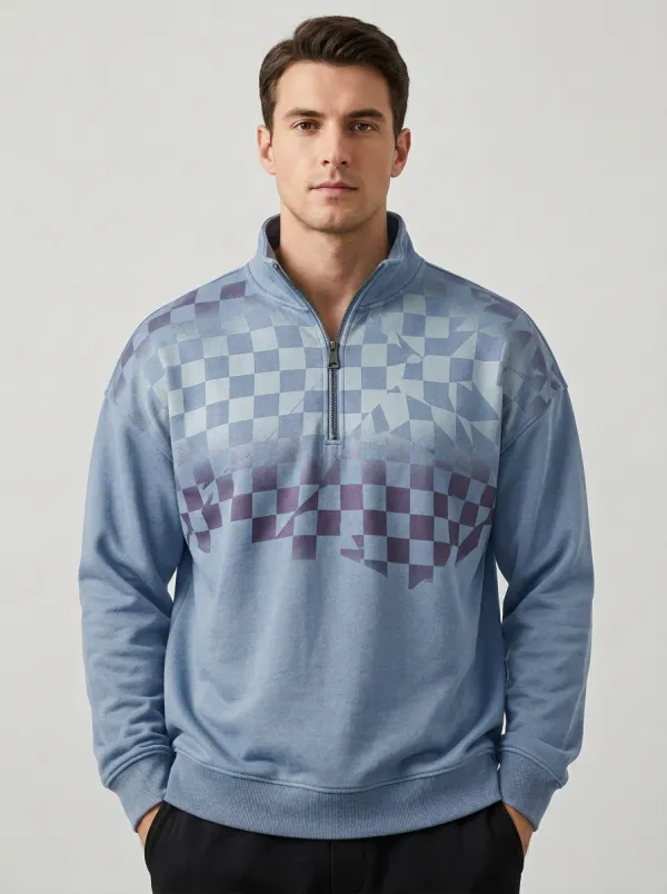 Casual Half-Zip Checkered Geometric Men's Half-Zip Sweatshirt