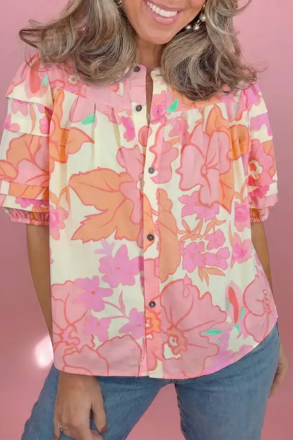 Women's Floral Print Short Sleeve Button Front Blouse