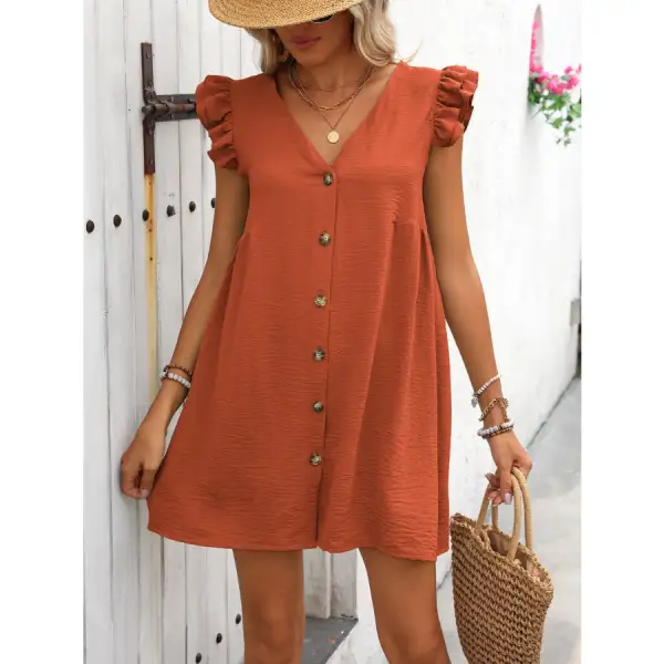 Button Up V-Neck Cap Sleeve Mini Dress