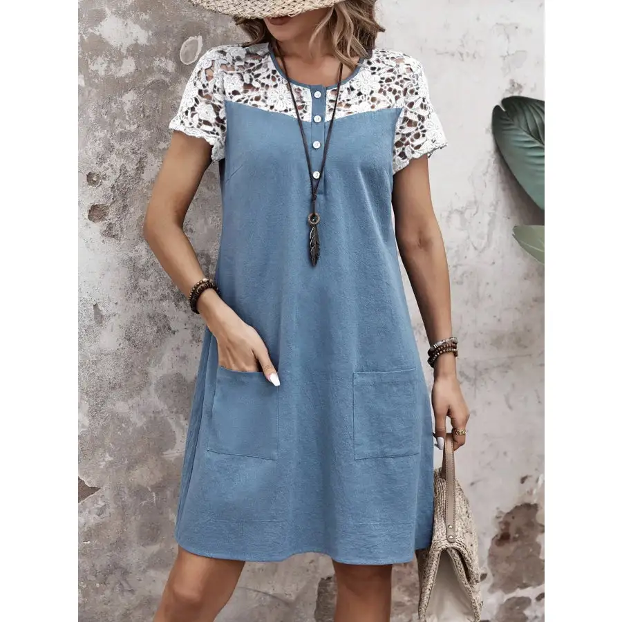 Lace Button Detail Round Neck Mini Dress