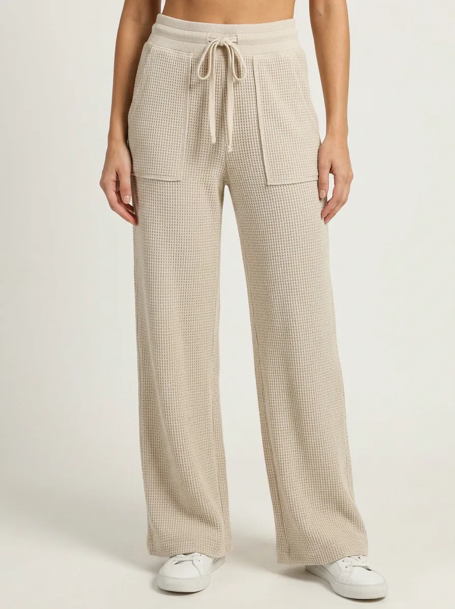 Women's Casual Waffle Knit Drawstring Wide Leg Pants