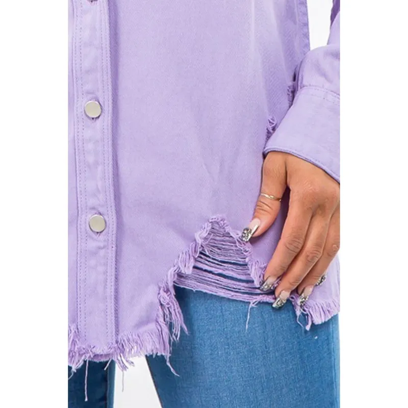 Frayed Hem Distressed Denim Jacket