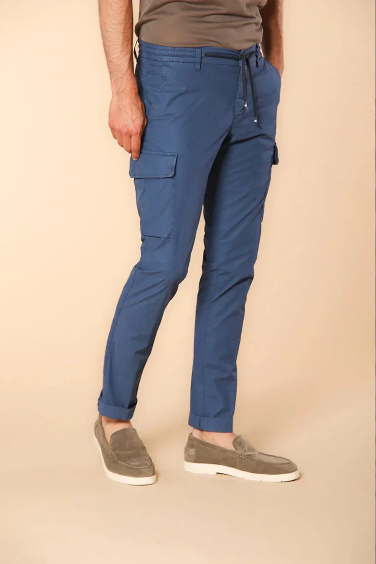 Men's Blue Slim Fit Parachute Fabric Cargo Pants with Large Pockets