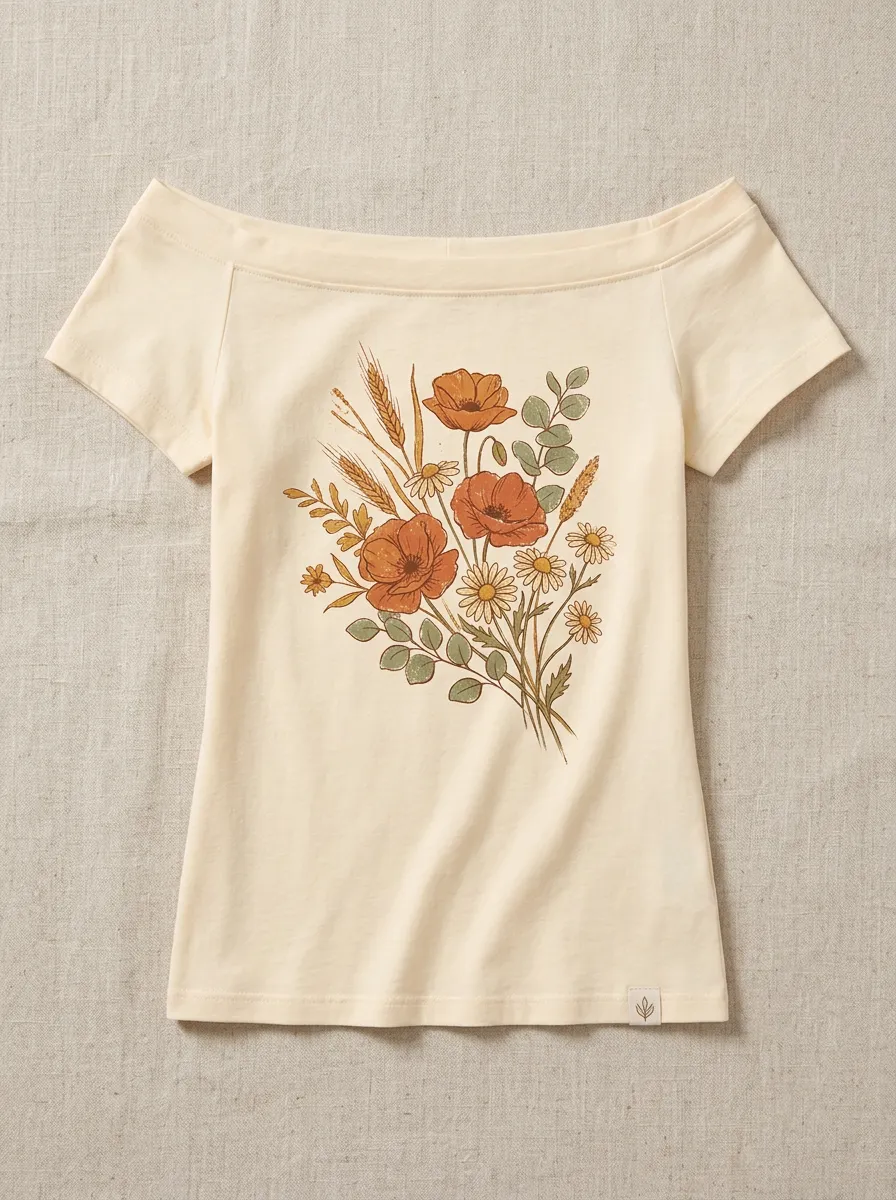 Women's Botanical Nature Lover Poppy Daisy Printed Off-Shoulder Top