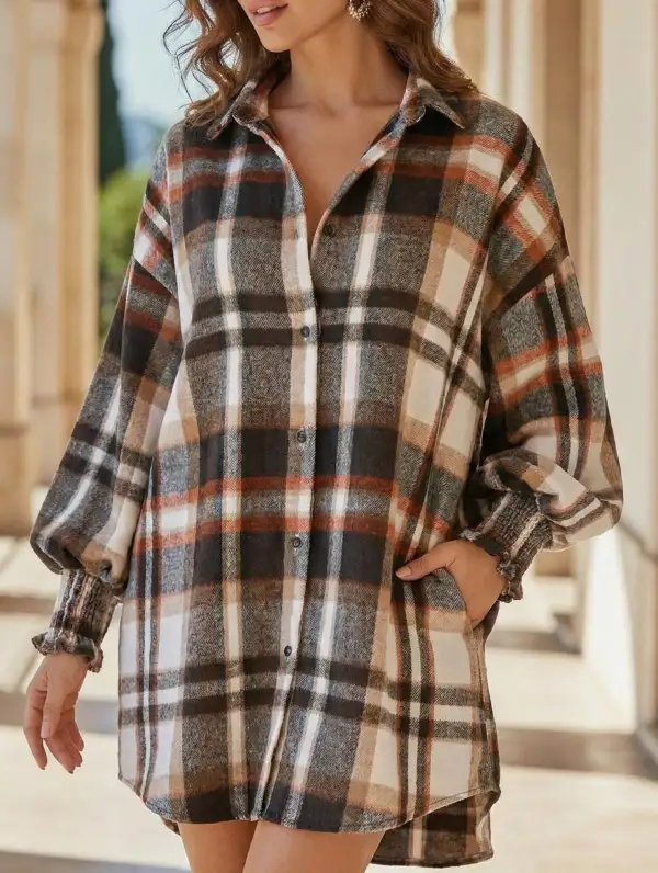 Loose Fit Plaid Lantern Sleeve Shirt