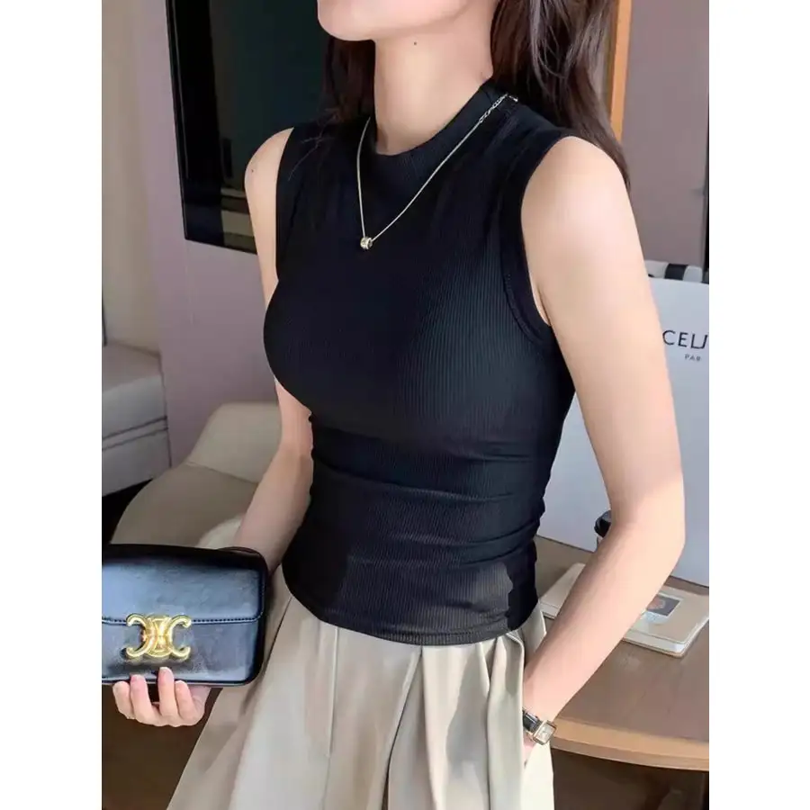 Ribbed Mock Neck Sleeveless Tank Top