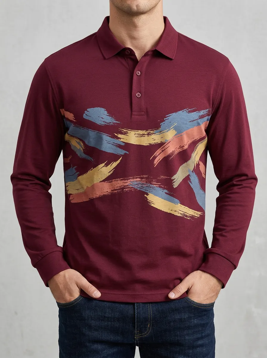 Men's Abstract Brushstroke Pattern Printed Long Sleeve Polo Shirt